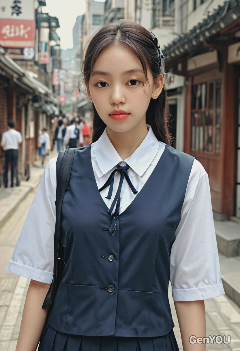 40s retro vibes, student, wearing old-fashioned school uniform, symmetrical details, old Korean streets, blurry background