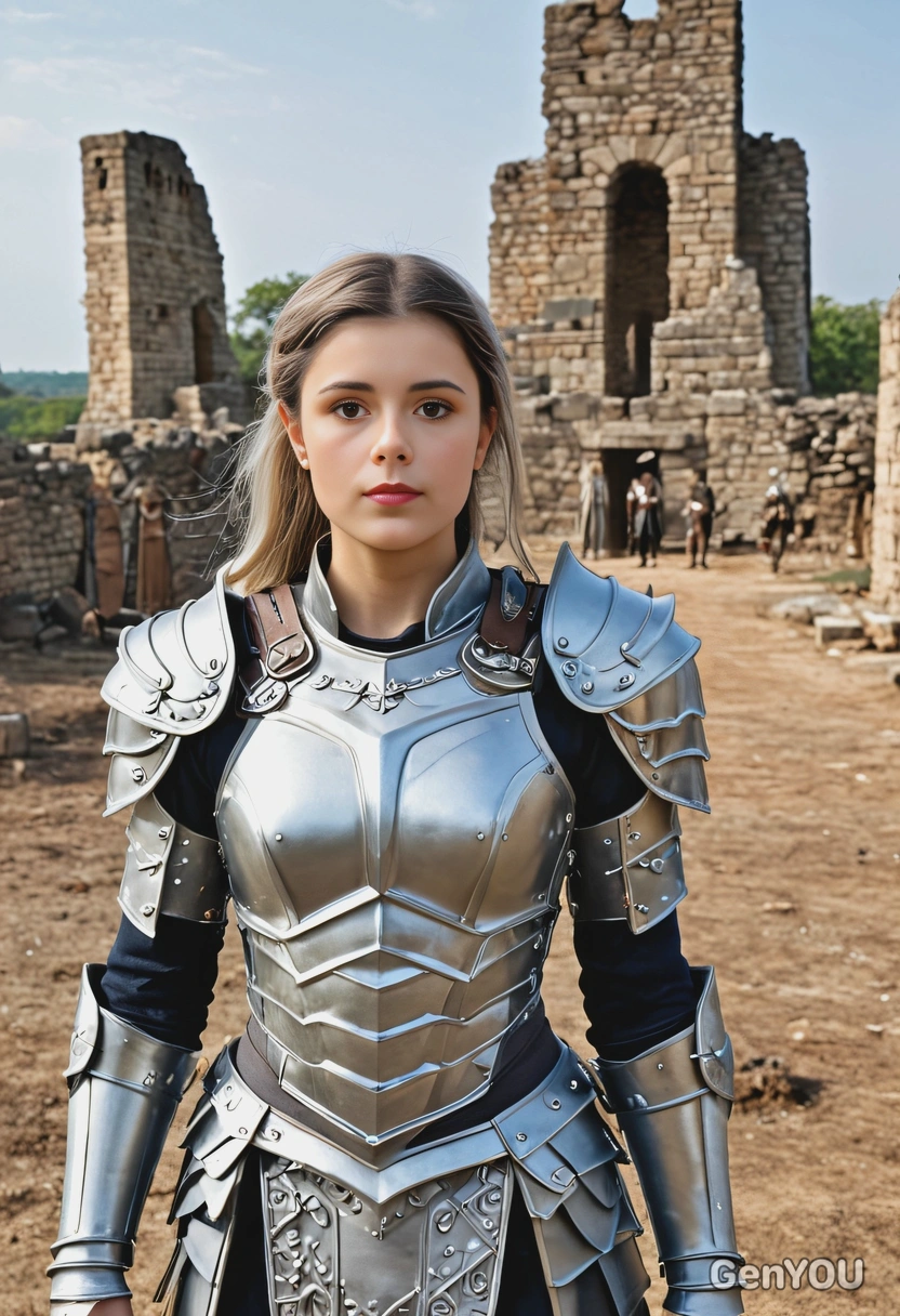 Dressed as a warrior princess in silver armor, standing on a battlefield, the ruins of an ancient kingdom in the distance