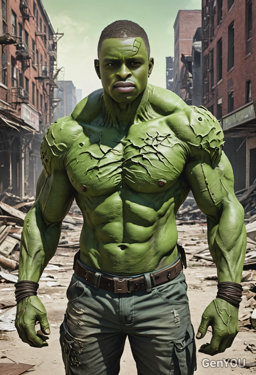 as a green-skin mutant monster after nuclear fallout, very muscular, in torn clothes, in abandoned New York, sandstorm, looking at camera, vivid colors, symmetrical clothing details, 3D video game style, high-quality stylized art