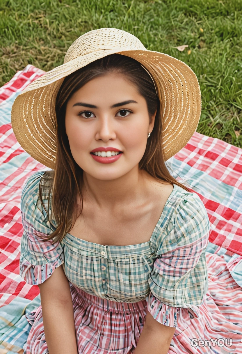 as a young woman sitting on a picnic blanket in the countryside, wearing a sun hat and a pastel-colored dress, smiling nicely, close up, eyes looking straight on, symmetrical clothing details, vivid colors, cinematographic style, high-quality stylized art