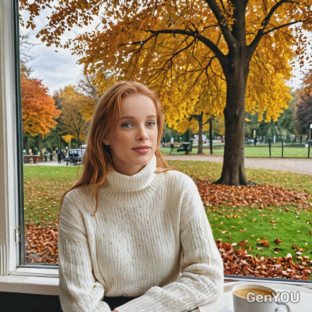 sitting at a café window with a view of the autumn park