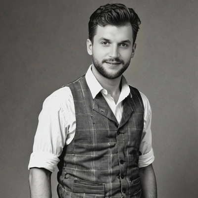 old photo, wearing a vest and rolled-up sleeves, with a black-and-white effect