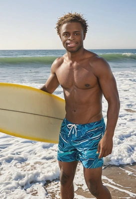 in swim trunks, holding a surfboard at the water's edge, early morning waves, mid shot photo, facing the camera 