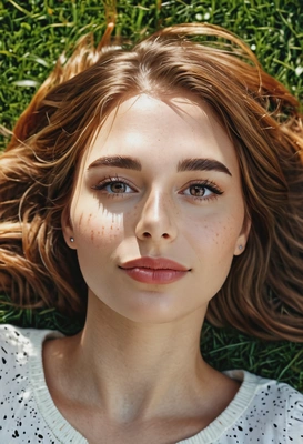 cinematic look, sun-kissed cheeks, freckles on the cheeks, sharp face skin texture, lying on the grass in the park, view from above, morning bright sun rays