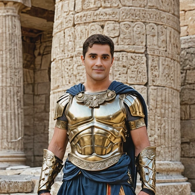 As a Greek hero, wearing a tunic and bronze armor, standing victoriously beside an ancient stone temple