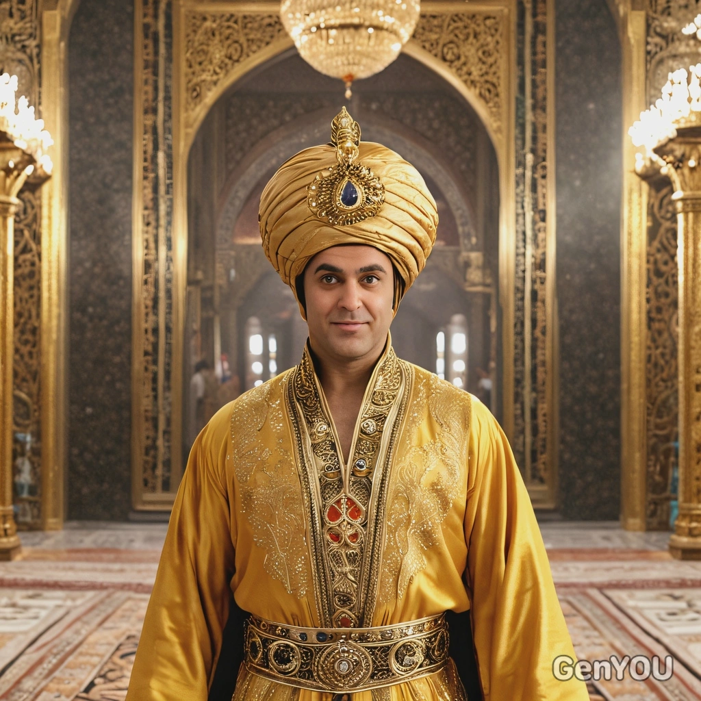 As the Sultan from Aladdin, wearing an opulent golden robe with a large turban, standing in a vast throne room with an air of authority