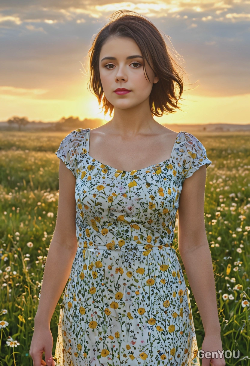 in a floral dress, standing in a dewy meadow at sunrise, with soft morning light casting a golden glow over the landscape