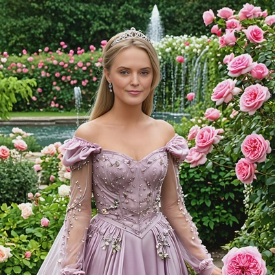 as a royal princess, dressed in a flowing silk gown, standing in a garden with blooming roses, surrounded by  fountains