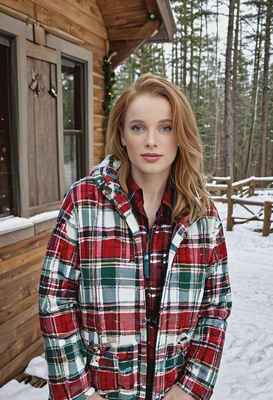 outside a cabin in the woods, wearing a festive plaid jacket, a warm Christmas Eve, with snow on the ground