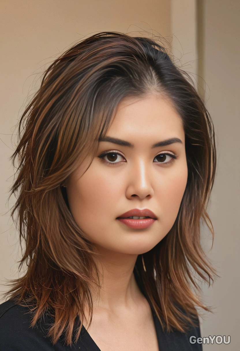 mid-length shag with copper balayage and face-framing layers, soft focus, blurred background
