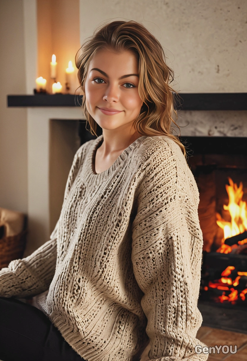 as a hot woman in a cosy sweater, sitting near the fireplace, dim indoor lighting, light glare, blurred background