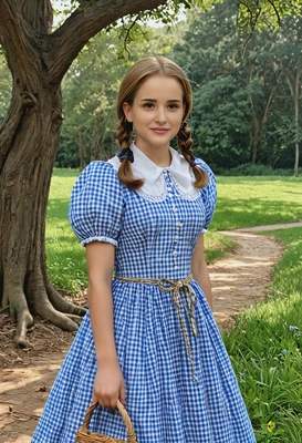as Dorothy from The Wizard of Oz, in a blue gingham dress in a magical land