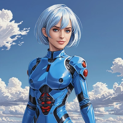Rei Ayanami standing in her plugsuit, blue sky, anime style, big eyes, manga drawing