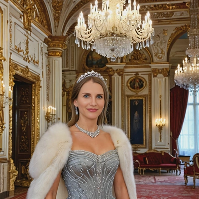 A tsarina dressed in a fur-lined gown, standing beneath a chandelier of sparkling crystal in a lavish palace hall