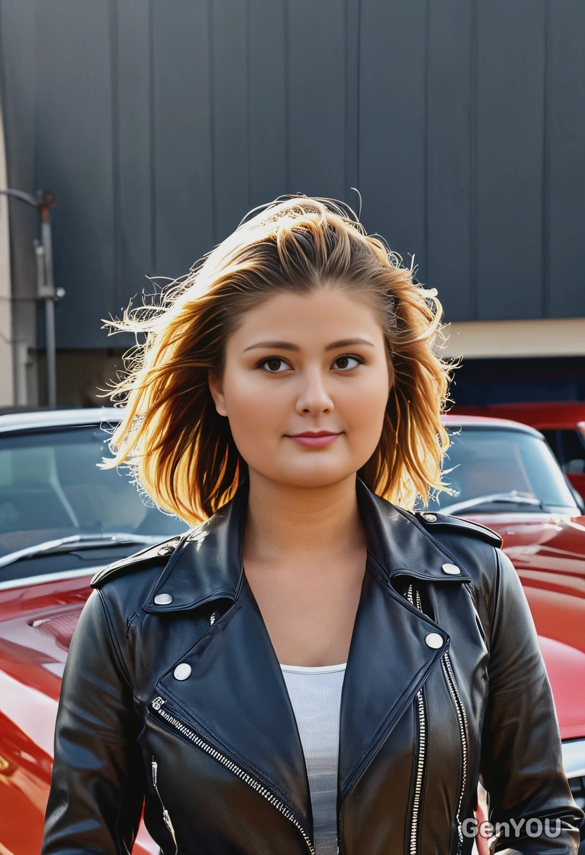 as a woman wearing a stylish leather jacket, standing in front of a classic car, her hair blowing in the wind, smiling, close up, symmetrical clothing details, vivid colors, cinematographic style, high-quality stylized art