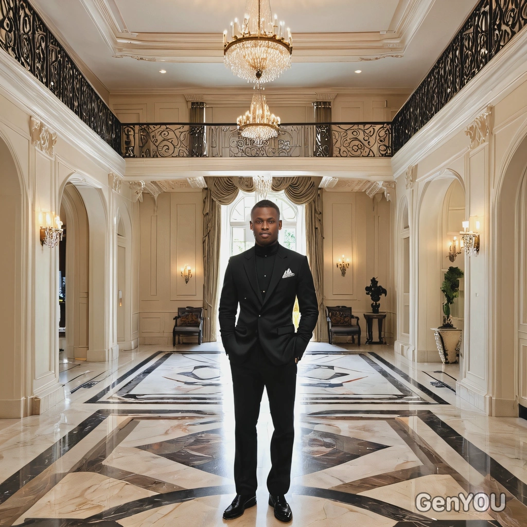 standing in the grand entryway of a palatial mansion