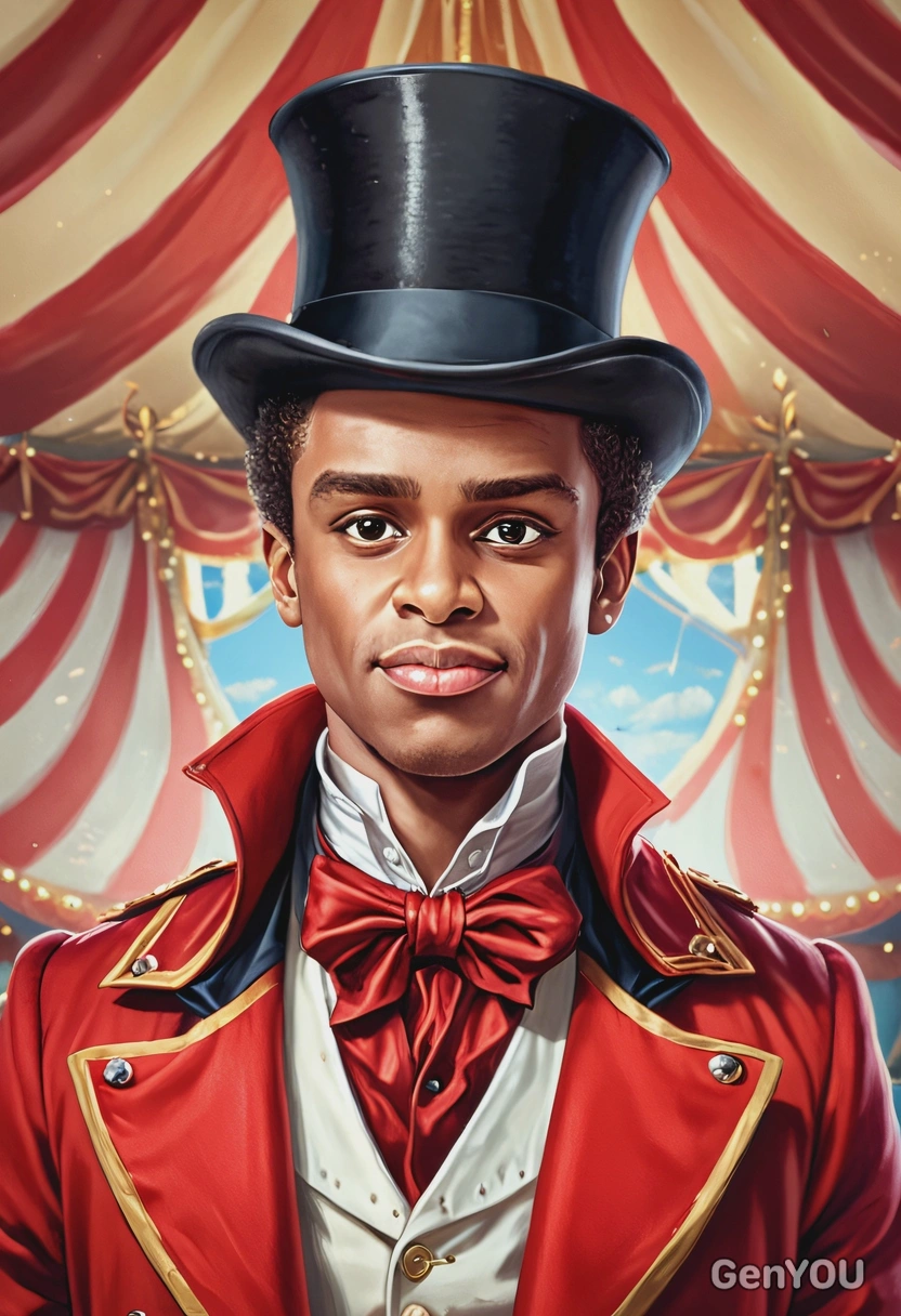 @me as a happy flamboyant ringmaster with a red coat and a top hat, in the center of a circus tent, looking directly into the camera, cartoonish style, big eyes, brushstrokes, high-quality stylized art, close-up