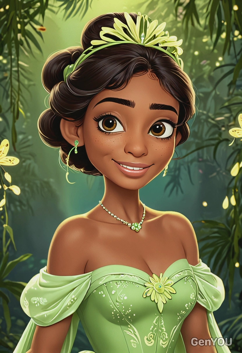 Hand-drawn flat cartoon style, Tiana from The Princess and the Frog, oversized cartoon eyes, waist-up portrait, wearing a light green gown with floral accents, warm smile, bayou background with glowing fireflies