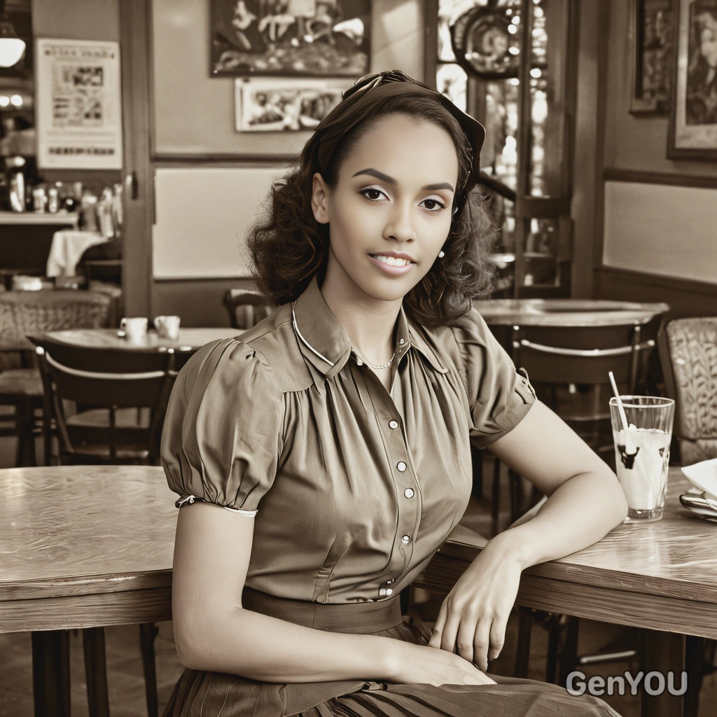 in a high-waisted skirt and blouse from the 1940s, sitting at a café table, sepia tone