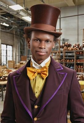 as Willy Wonka in an eccentrically stylish suit with a top hat, in his chocolate factory, mid-shot 
