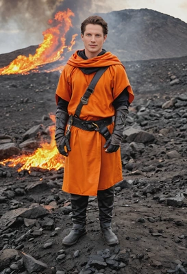 Dressed as a fire mage with fiery orange robes, standing in the midst of a volcanic landscape with flames erupting from the ground around you
