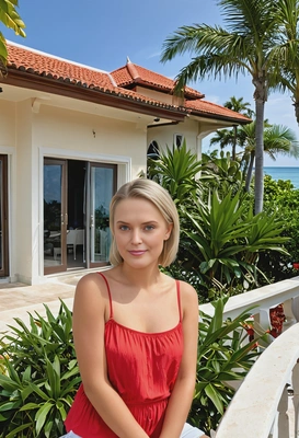 in front of a lavish seaside villa, with tropical plants in the background