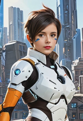 Tracer from Overwatch, with a futuristic city behind