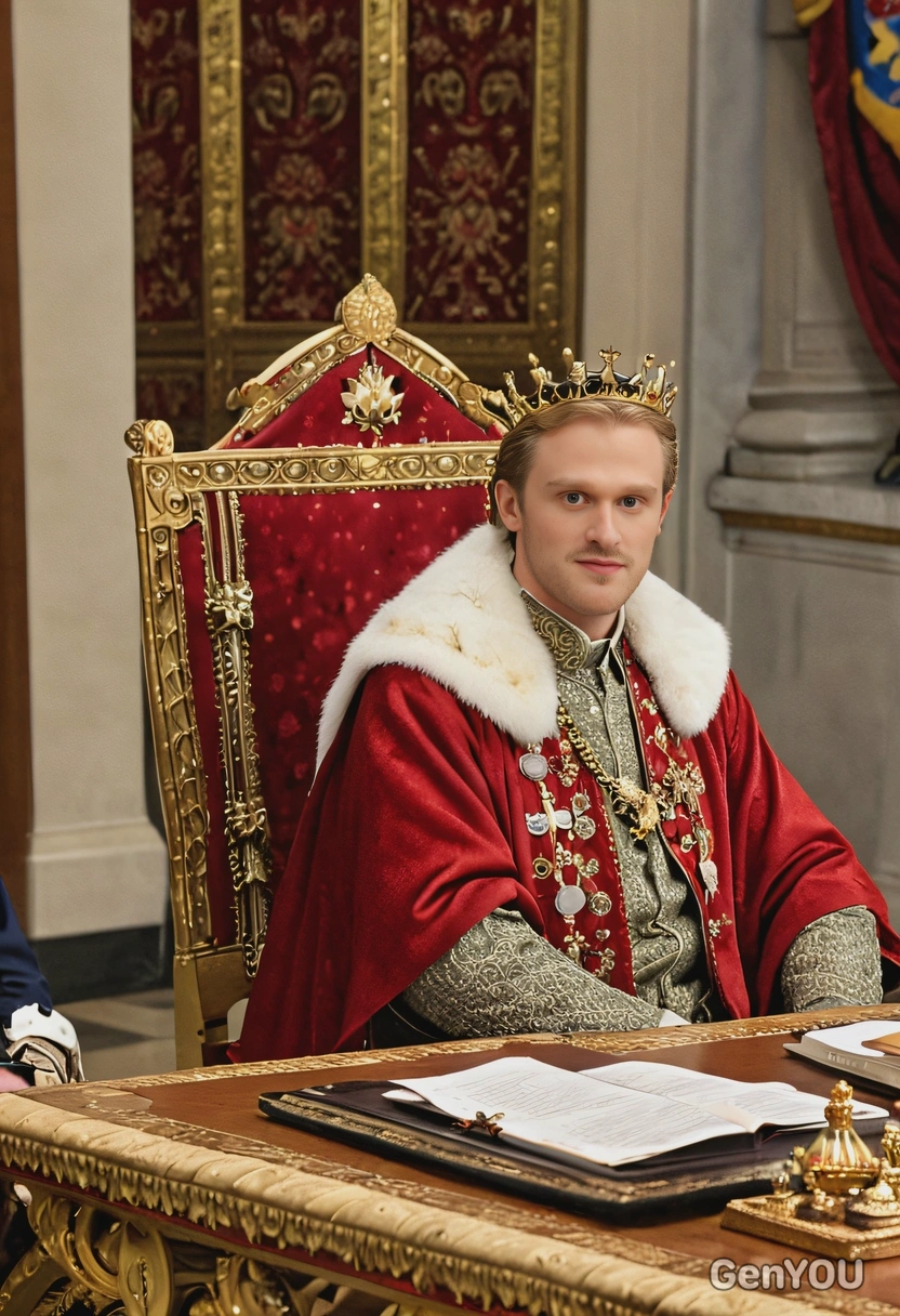 a king gathered in a royal council chamber,  sitting at the head of the table