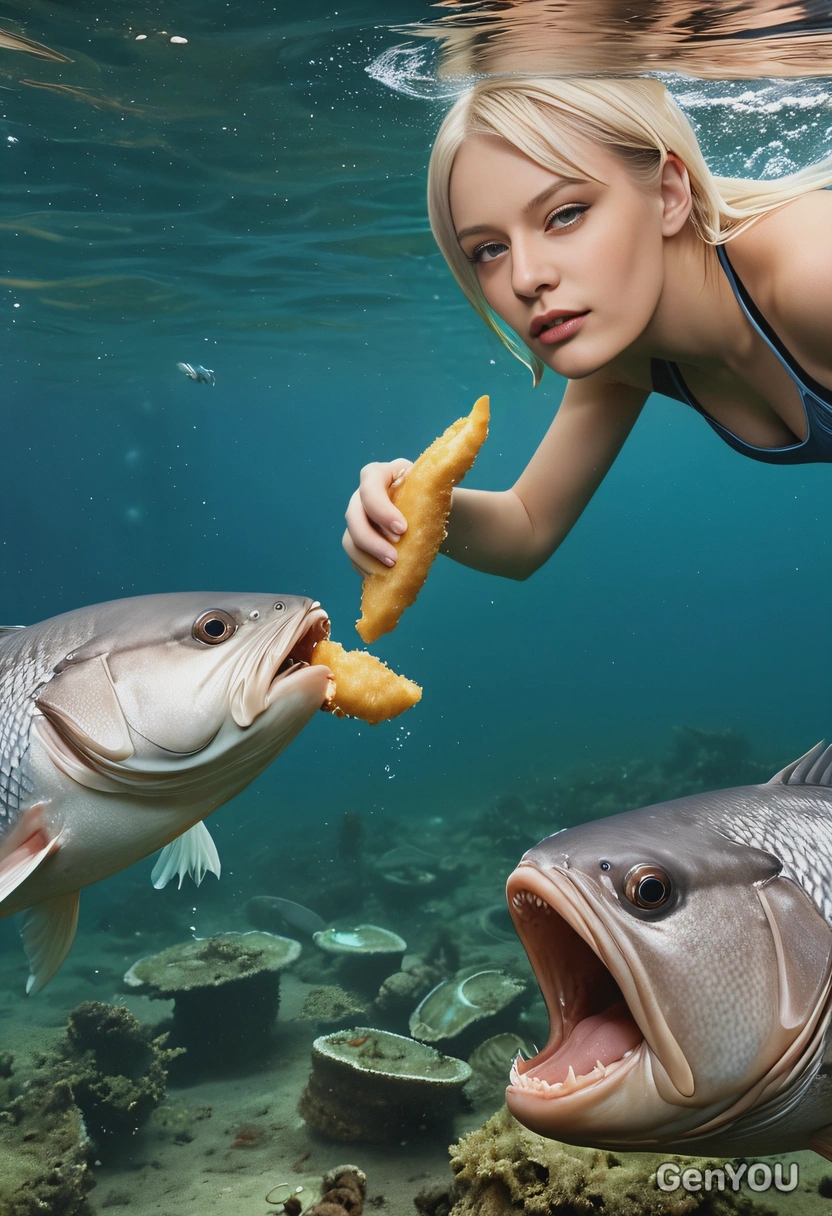 underwater fight vs giant fish, eating fish and chips