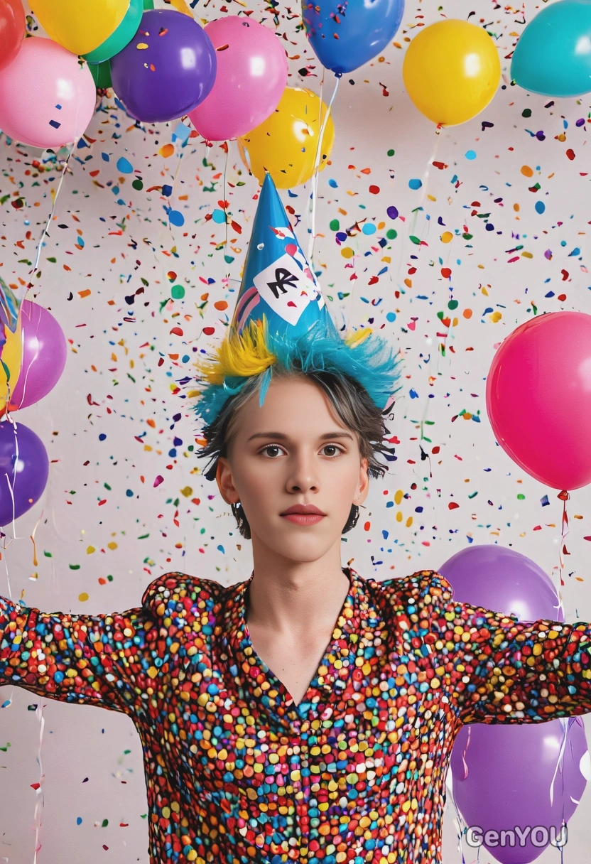 a person wearing a fun party hat, confetti into the air while surrounded by colorful balloons and party decorations