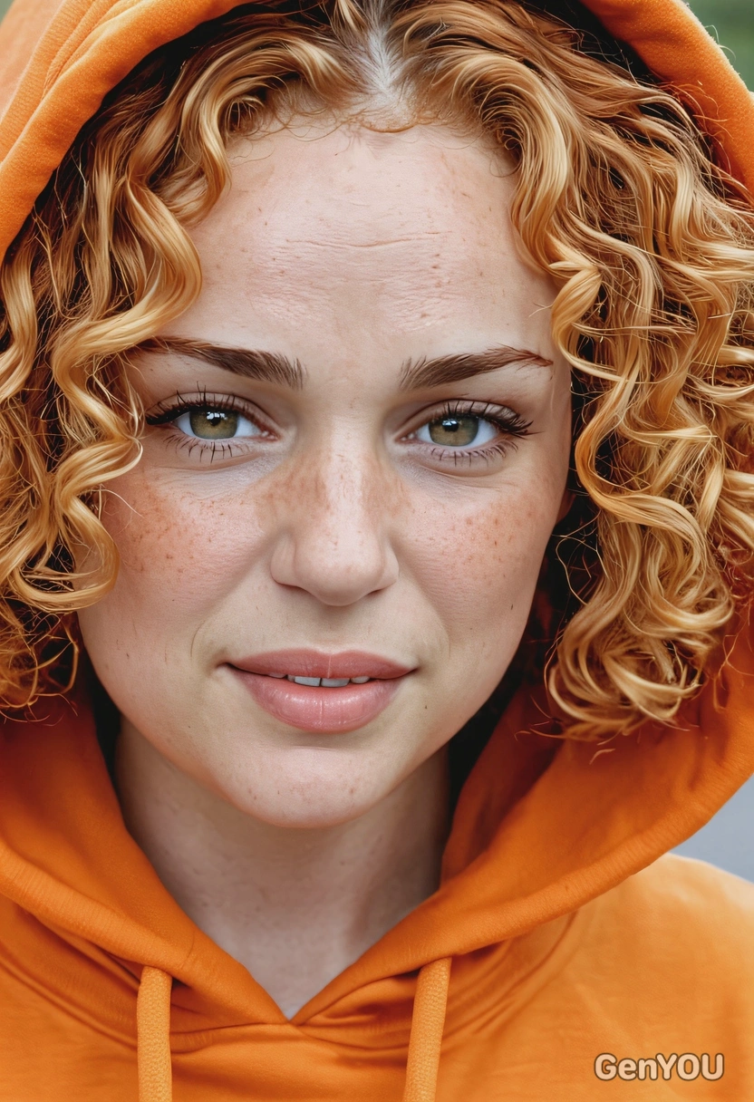 sharp skin texture details, wearing orange hoodie, small curls waist-length ginger hair, hair covering half of the face, covers her cheeks with a hood, park on the background