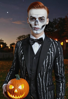 in a dapper skeleton suit with painted skull makeup, holding a glowing pumpkin lantern