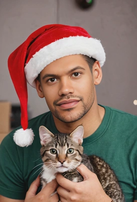 with his cat wearing a tiny Santa hat, soft focus 