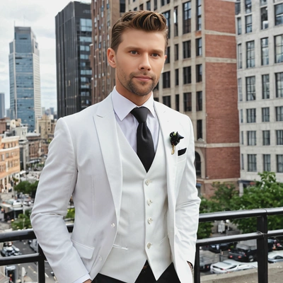as the groom in a stylish three-piece suit, with a crisp white shirt and matching tie, standing in a sophisticated cityscape