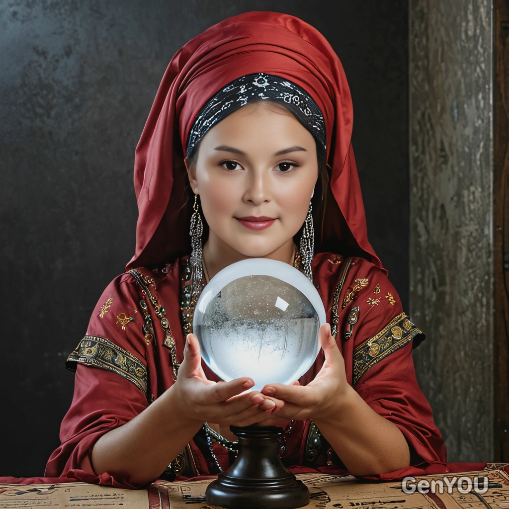 as a fortune teller, with a crystal ball in a dark room