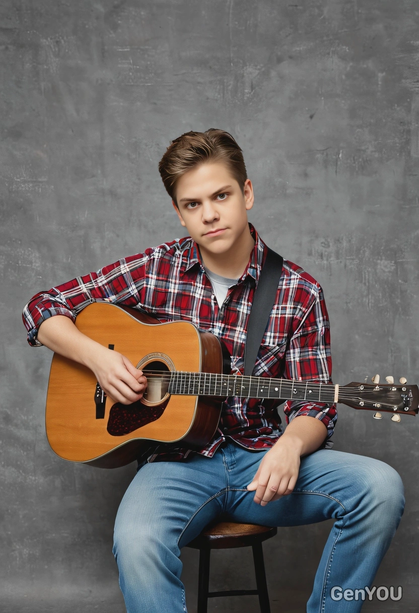as a 90s indie musician, in a plaid shirt, skinny jeans, with a vintage acoustic guitar, looking introspective, against a traditional yearbook setting