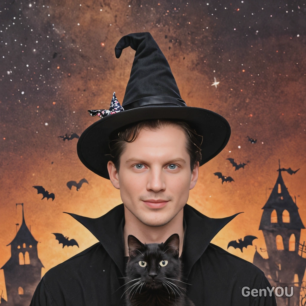 with his cute black cat with a tiny witch hat, set against a spooky Halloween-themed backdrop 