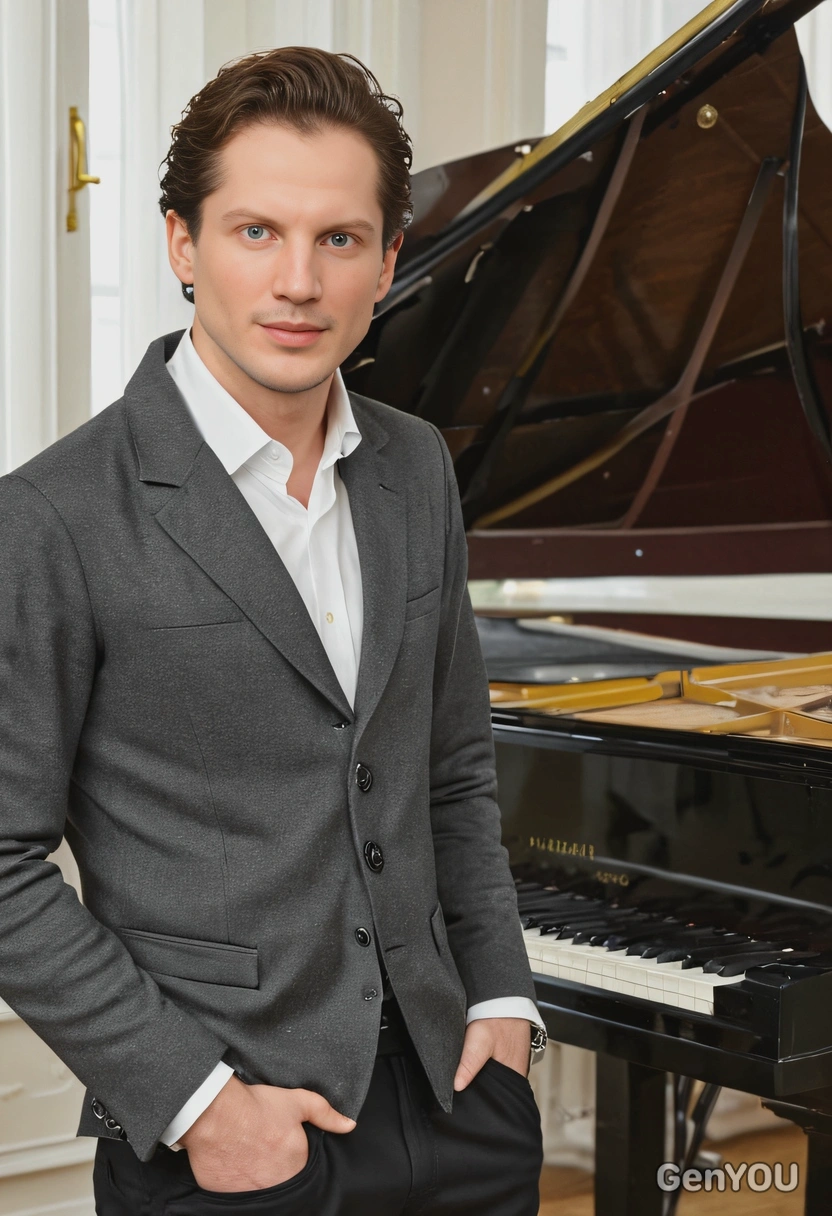 as a rich ans successful man, standing near the piano, blurred background, natural soft morning lighting