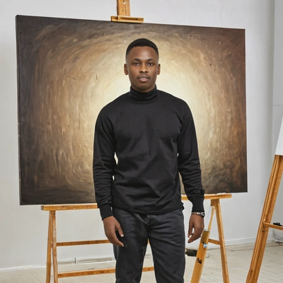 Painter, standing before a large canvas in a brightly lit studio