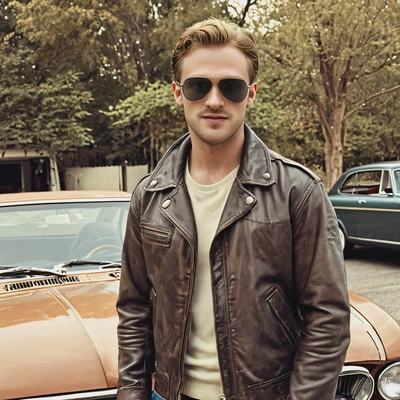 dressed in 1970s aviator sunglasses and leather jacket, standing beside a vintage car, with a faded color effect