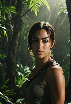 as Lara Croft, standing in the jungle, confindent, dark light, portait, blurred background, movie still