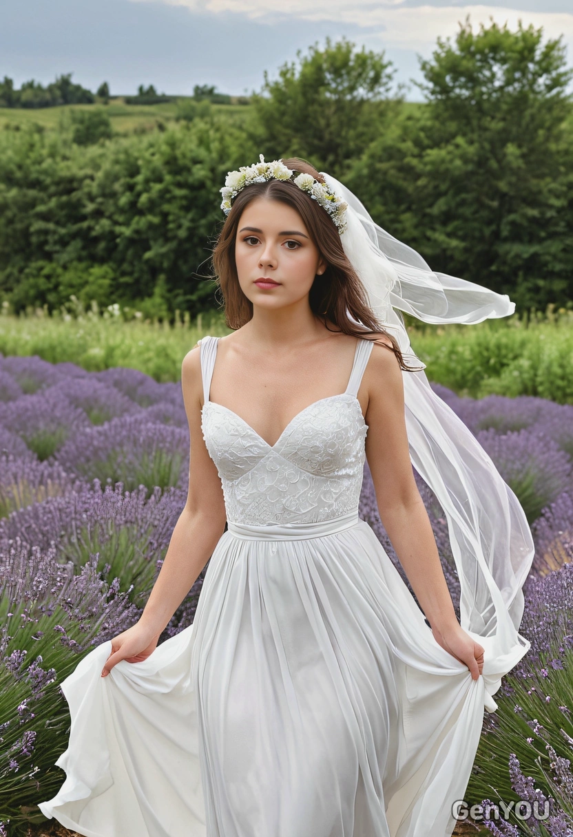 As a bride in a flowing chiffon dress with a floral headpiece, walking through lavender fields at a countryside wedding