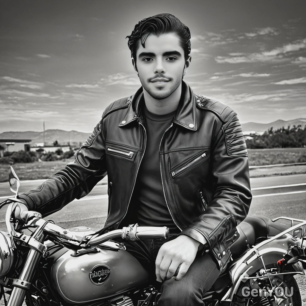 in a 1960s leather jacket, sitting on a motorcycle, with a black and white filter