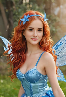 as Bloom from Winx Club, with fiery red hair styled in loose waves, wearing her blue fairy outfit with sparkling wings, soft focus, blurred background