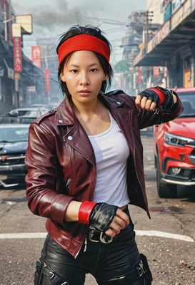 as a street brawler, fingerless gloves, leather jacket, red headband, blurry burning car behind, looking directly at you, vivid colors, symmetrical clothing details, video game style, high-quality stylized art