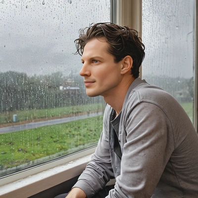 sitting by a window, the rain fall outside