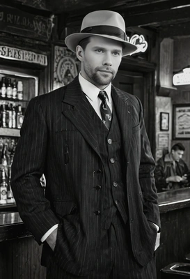 in a 1930s gangster outfit, standing in an old bar, with a dramatic black and white effect
