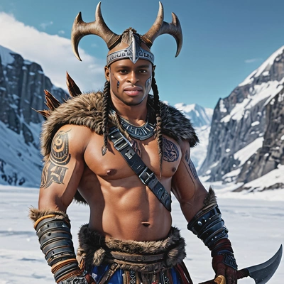 as a warrior, tribal tattoos, animal pelts, wielding a large axe, small helmet, braids on head, standing on a frozen tundra, vivid colors, symmetrical clothing details, video game style, high-quality stylized art