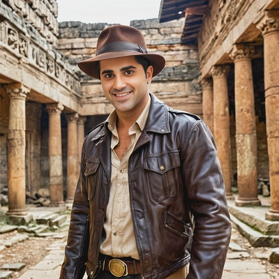 as Indiana Jones from Raiders of the Lost Ark, in a brown fedora and leather jacket, in an ancient temple