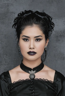 as a goth girl from the 90s, with black lipstick and gothic makeup, giving a mysterious stare against a simple yearbook backdrop